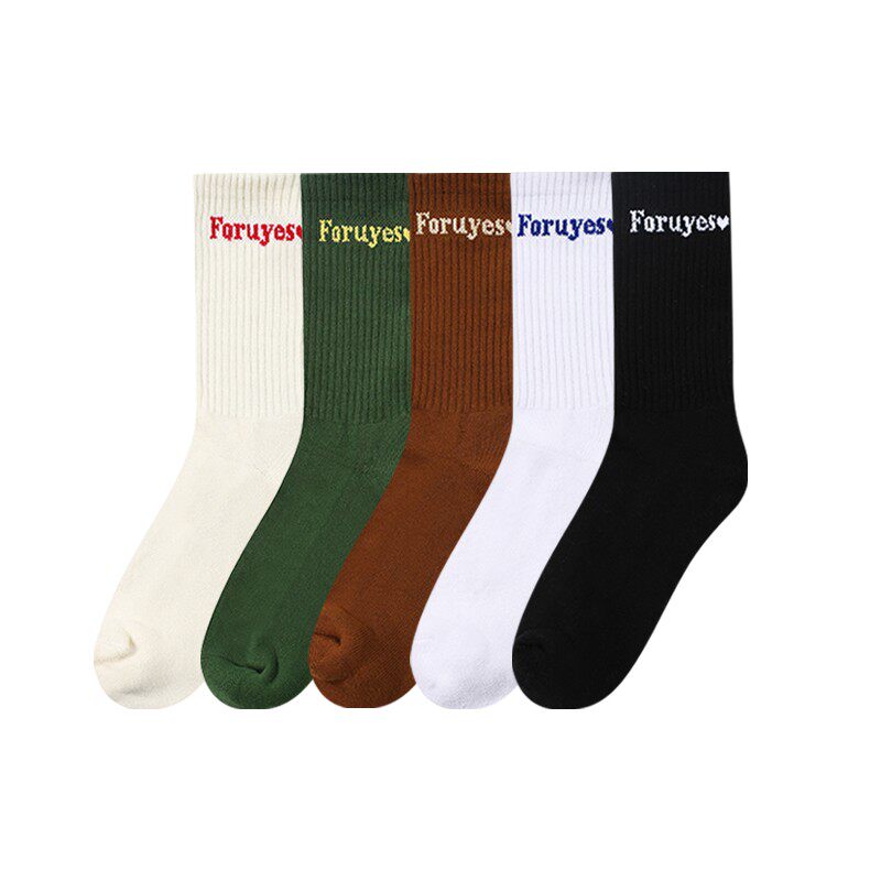 FORUYES(4UYES) New Pure Color Logo Alphabet National Towel Towel Socks Couple Cotton Stockings for Men and Women