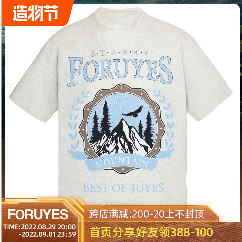 FORUYES (4UYES) Spring/Summer American Vintage Mountain Wheat Trend Men's and Women's Loose T-Shirt Crew Neck Short Sleeves