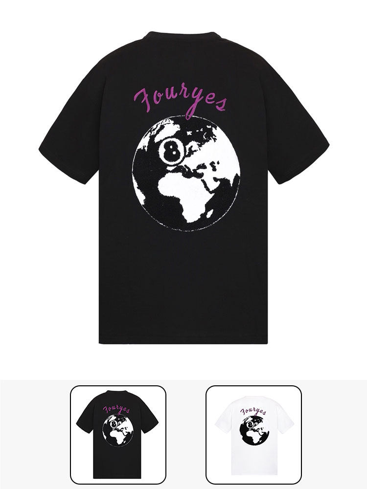 FORUYES(4UYES) Retro black eight American street embroidery flocking tide loose men's and women's round neck T-shirt short sleeve