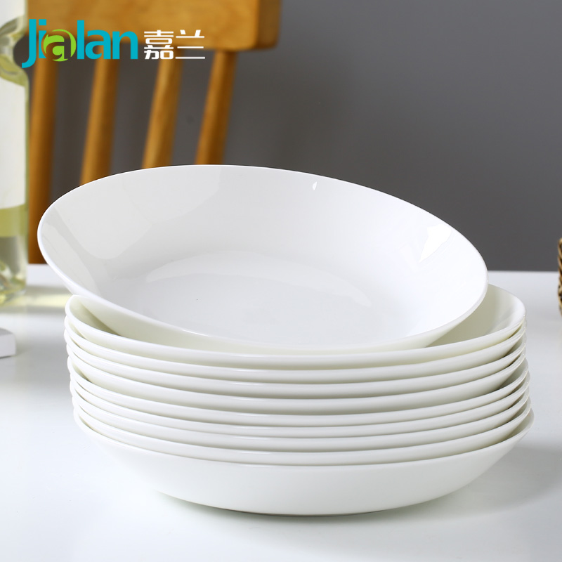 Jialan Bone China Deep Plate Set Pure White Simple Dumpling Plate Bone Plate Creative Fruit Salad Shallow Plate Vegetable Plate Household