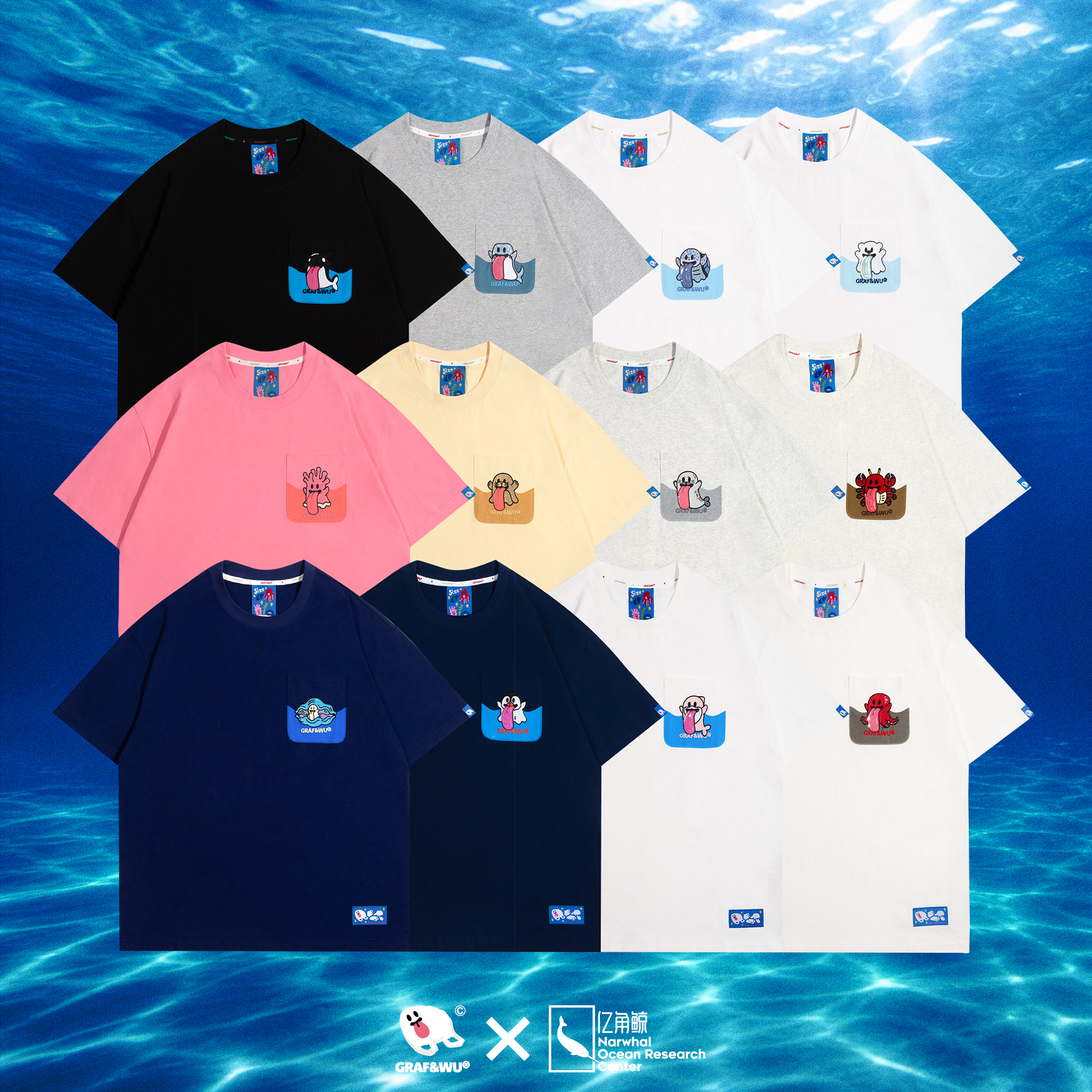 GRAF Original Brand [Billionaire Joint] Ocean Protection Cute Ghost Coral Whale Tridacna Pocket Short Sleeve