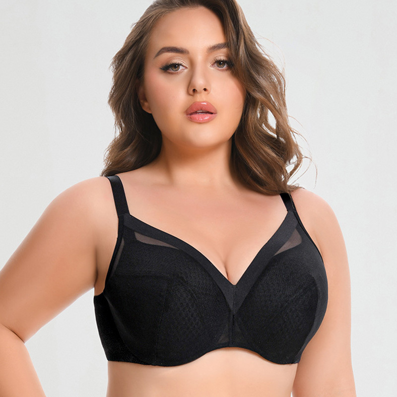 European and American Plus-Size Lingerie, Large Bust Minimizing, Gathered Mesh Full Cup Bra for Plus-Size Women, Ultra-Thin 75-95Cdefghi