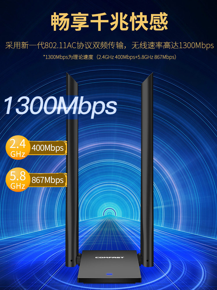 Comfast Wireless Network Card Desktop Wifi Receiver Driver-Free Dual-Band Gigabit 5g Signal Available for Dormitory Home Use USB Wireless Network Card Portable Network Transmitter Cf-Wu782Ac