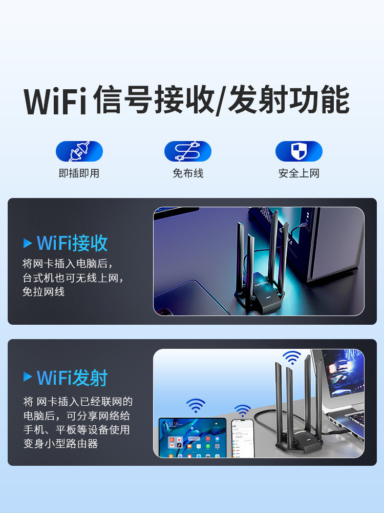 Comfast Wireless Network Card Desktop 1300m Dual-Band Through-Wall Desktop Computer Wifi Receiver External Driver-Free High-Power USB Interface Notebook Gigabit Wireless Network Transmitter