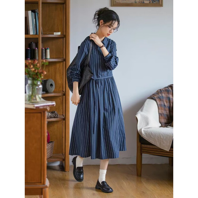 Retro Preppy Style Blue Stripesd Dress Autum New Japanese Style Work Clothing Casual Mid-Length Waisted A-Line Skirt
