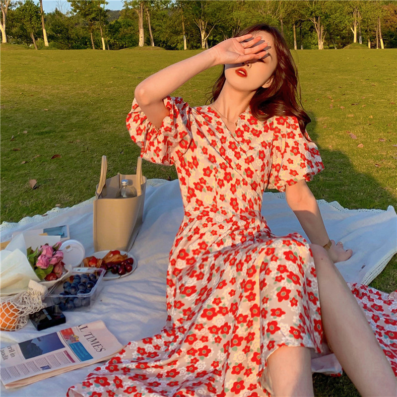 sandro tonali Crushed Flowers Foreign Dress Women's Summer Design Sensation with little crowdFairy Temperament Bubble-Balloon Balloon Skirt