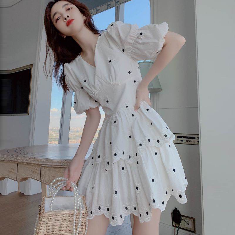 sandro tonali method white polo dot dress woman new bubble sleeves cashew with slim temperament skirt
