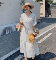 sandro tonali White V-neck dress summer new French gentle wind temperament slim long skirt ins
