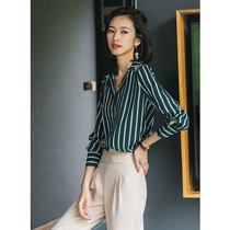 OL striped shirt womens fashion v-neck shirt 2021 spring and summer Korean version of the professional goddess fan long-sleeved top tooling