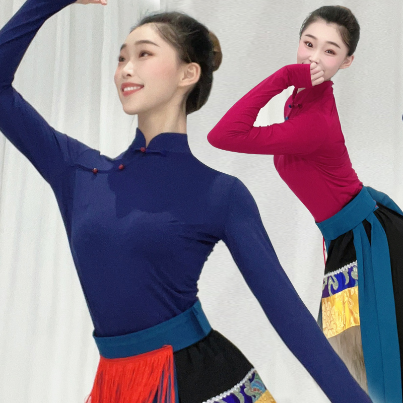 女性用チベットダンスパフォーマンス衣装、芸術試験トレーニング服、モンゴルダンススクエアダンス、ビッグスイングスカート、フォークダンス衣装トップス