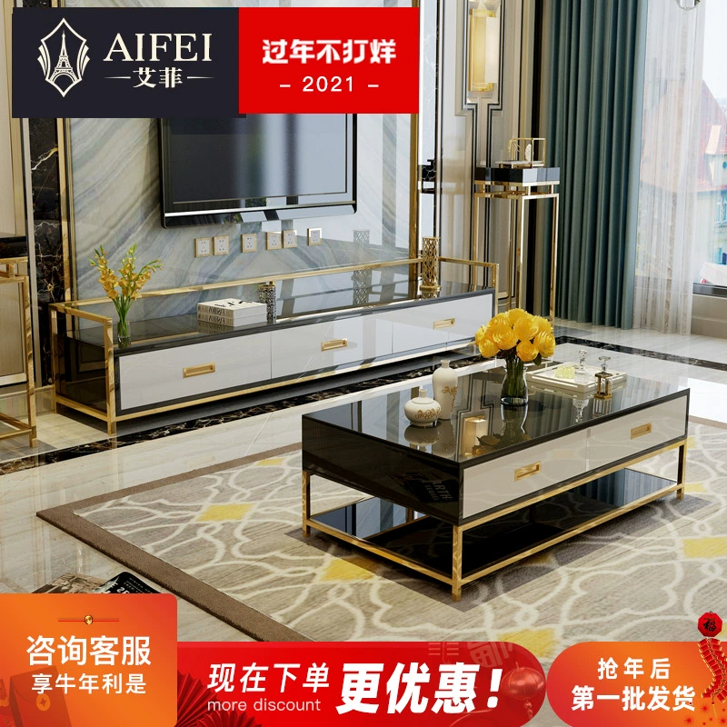 Tủ tivi hậu hiện đại Effie bàn cà phê kết hợp ánh sáng phòng khách sang trọng đơn giản bằng thép không gỉ phong cách Hồng Kông mẫu phòng nhẹ đồ nội thất sang trọng - Buồng