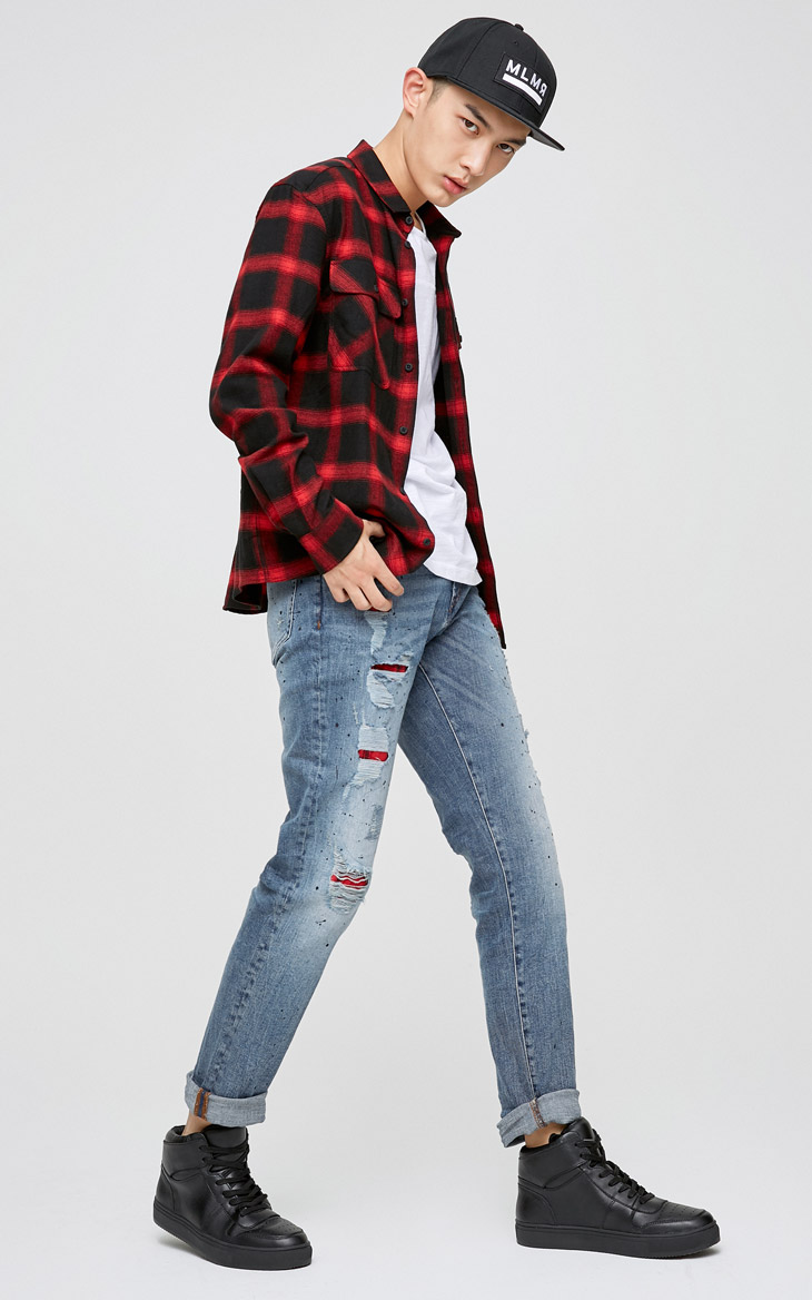 [3 miễn phí 1] JackJones Jack Jones quần jean cắt lỗ trắng JO | 217432505 áo nam đẹp