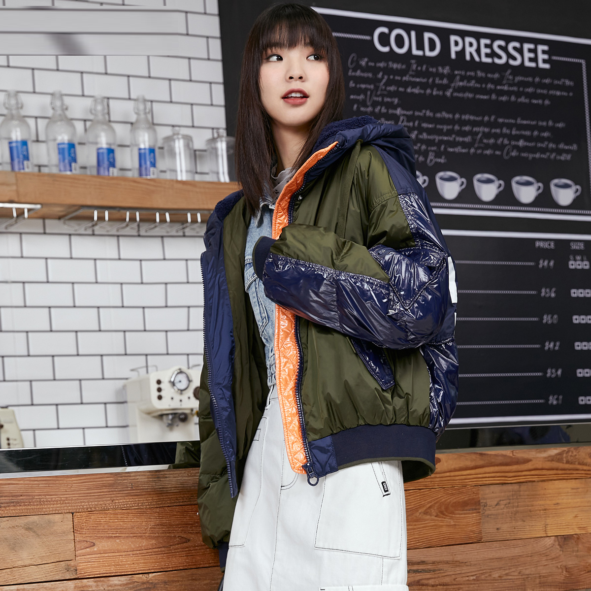 Autumn glossy down jacket with hood, drawstring