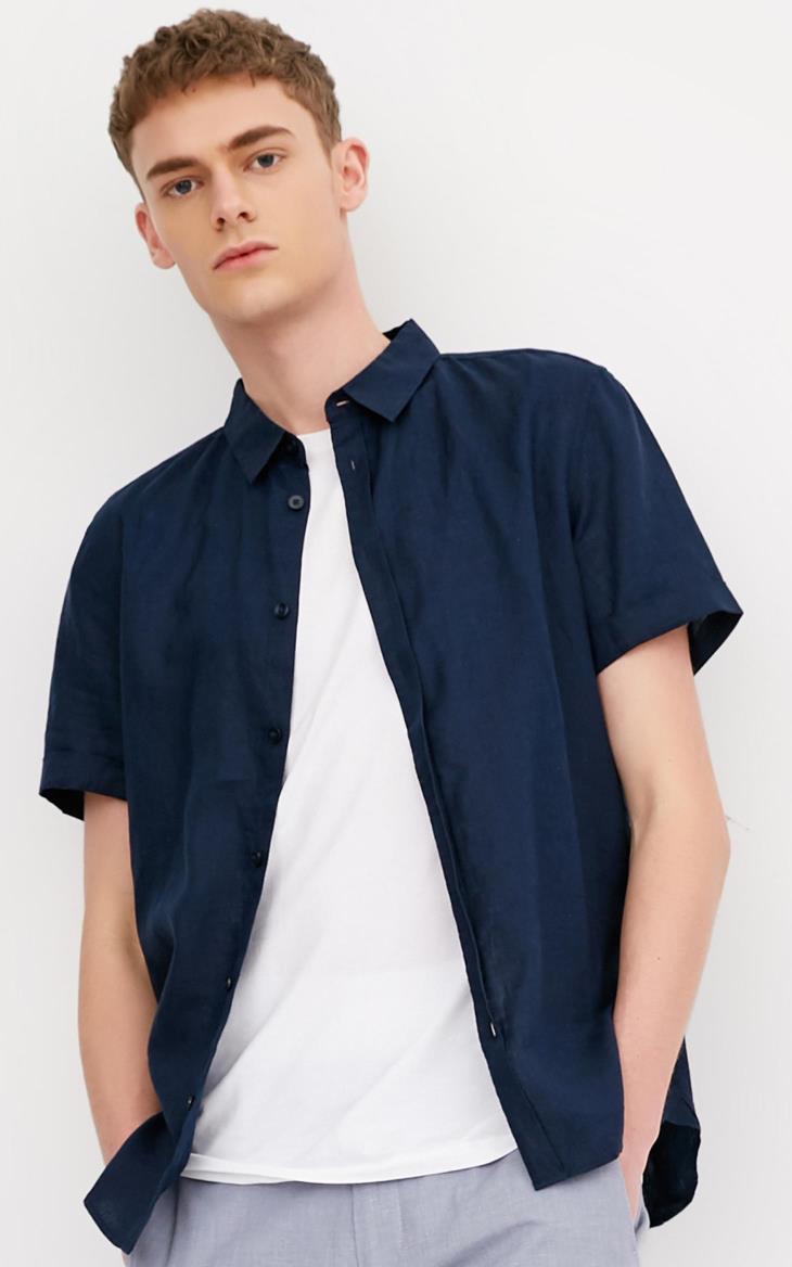 JackJones Jack Jones breathable linen màu rắn mùa xuân và mùa hè của nam giới ve áo ngắn tay áo sơ mi quần áo E | 217204520