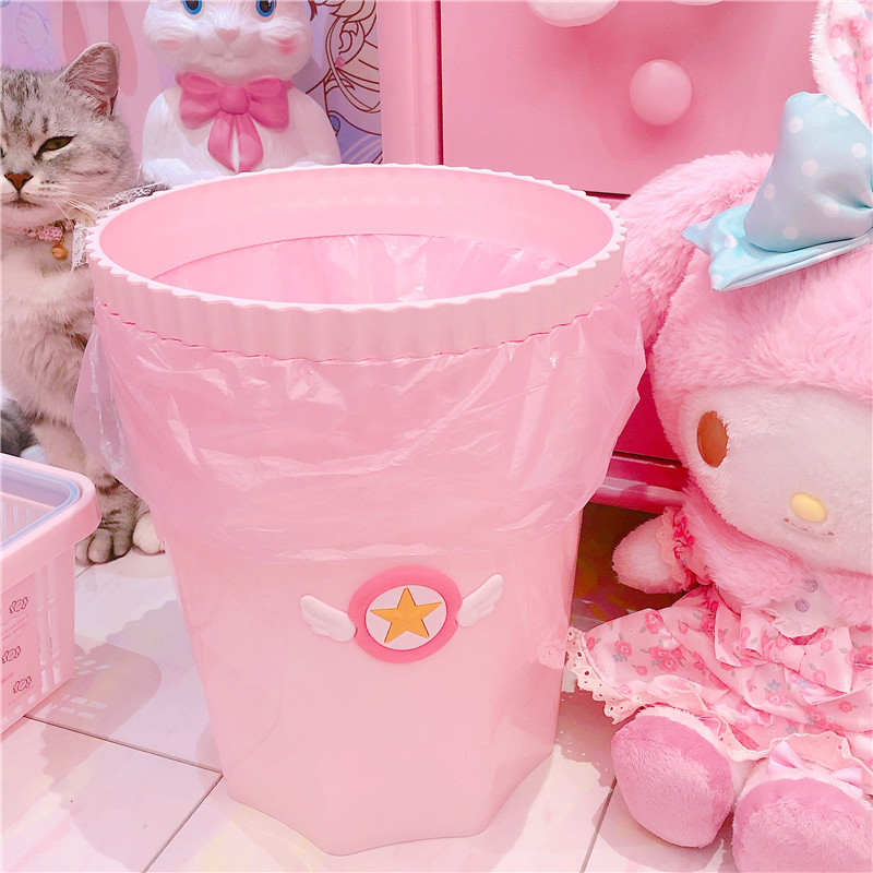 Pink Large Capacity Wings Stars Small Cherry Pink Trash Can home Dormitory Office Powder Tender Bin Debris bin