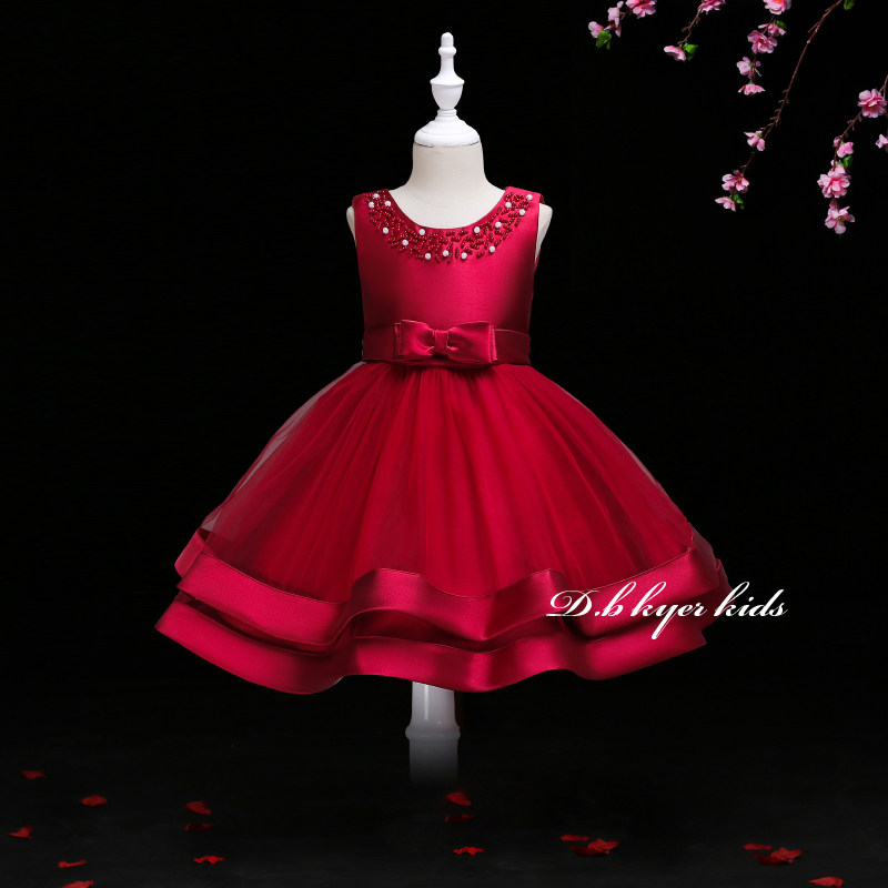 Girls Dress Children Princess Dress Puffy Yarn dress Red performance girl host flower girl performance dress summer