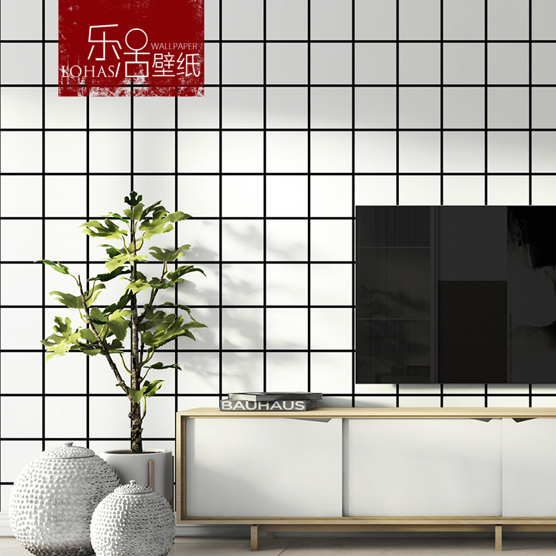 Nordic black and white plaid wallpaper ins modern simple living room milk tea shop clothing store wallpaper white net red background