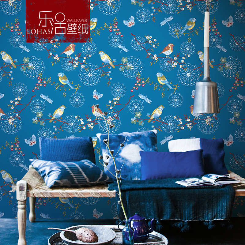 American blue yellow new Chinese pastoral flowers and birds wallpaper Bedroom living room TV sofa background wall paper Home