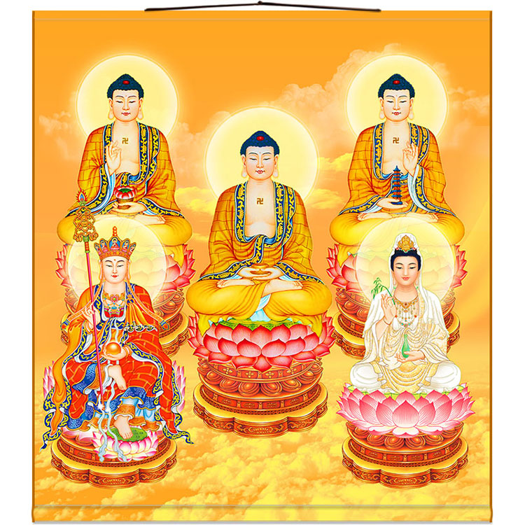 Tripartite Buddhas hide Wang Guanyin BodhisattBodhisattBodhisattva Sakyamuni Buddha's Buddhist Master Buddha The Buddha came to scroll to hang a silk painting