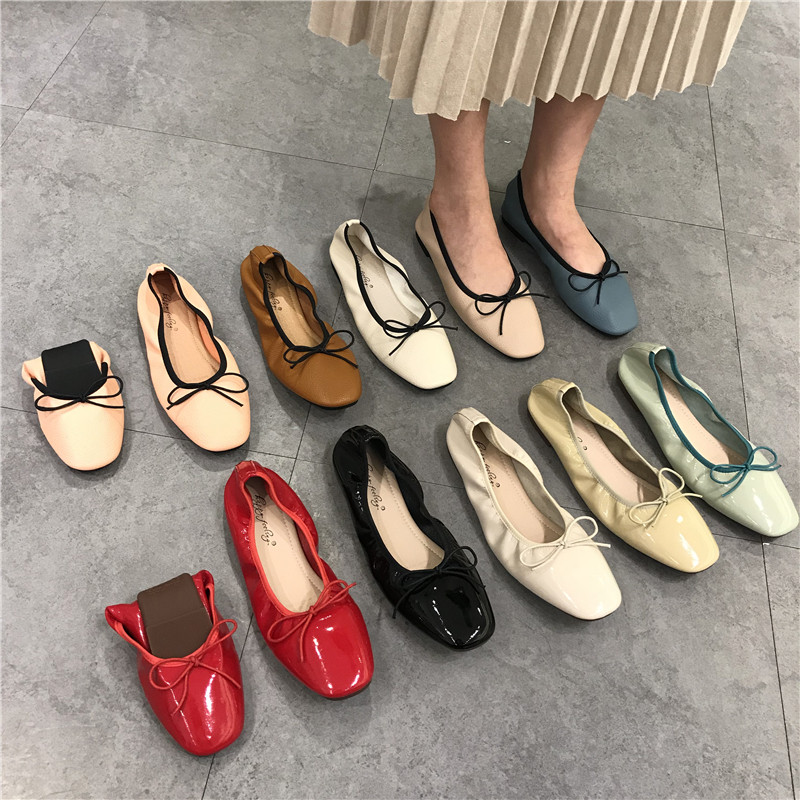 Bow Tie Flat Bottom Square Head Shoes Woman 2021 Shallow Mouth Soft Primer Leather Ladyshoe 100 Lap Egg Roll Pregnant Woman Grandma Shoes