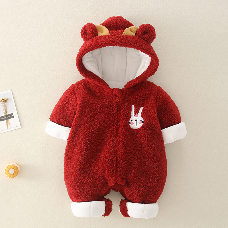 Korean baby jumpsuit warm in autumn and winter plus velvet newborn clothes padded 6-month-old baby cotton-padded clothes for New Year's greetings