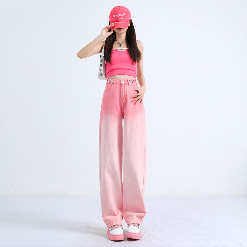Gradient Pink Denim Wide-Leg Pants for Women, 2026 Spring New Style, High-Waisted, Loose, Slimming, Niche, Extra-Long Floor-Length Pants