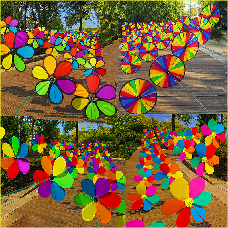 Kindergarten outdoor sunscreen finished windmill decorative string outdoor rotating plastic colorful flower windmill round solid color