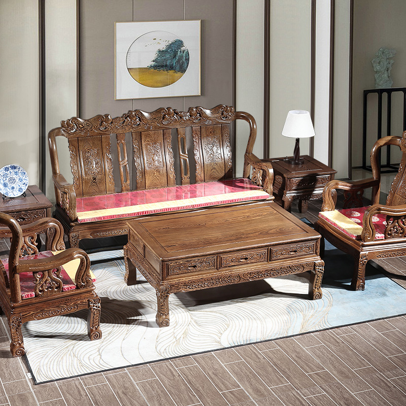 Chicken wing wood new Chinese style Ming and Qing classical living room solid wood sofa furniture mahogany sofa carved sofa combination