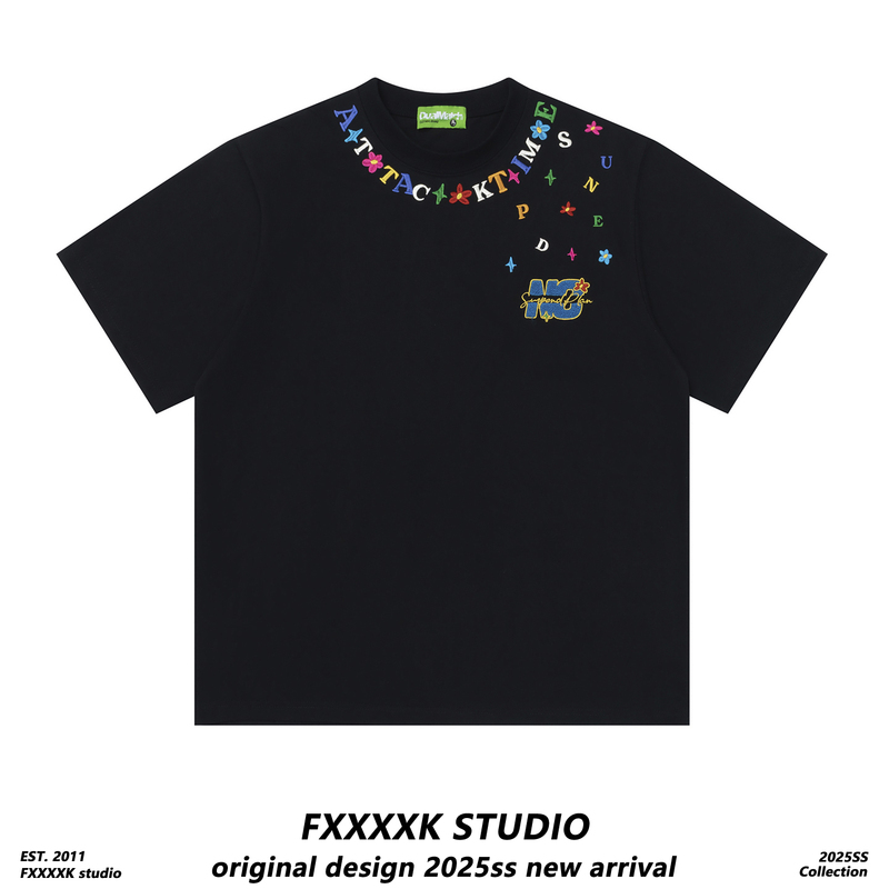 Fxk Original Summer Dopamine Colorful Embroidered Letter Bf Lazy Style Couple Outfit Short-Sleeved T-Shirt Top for Men and Women