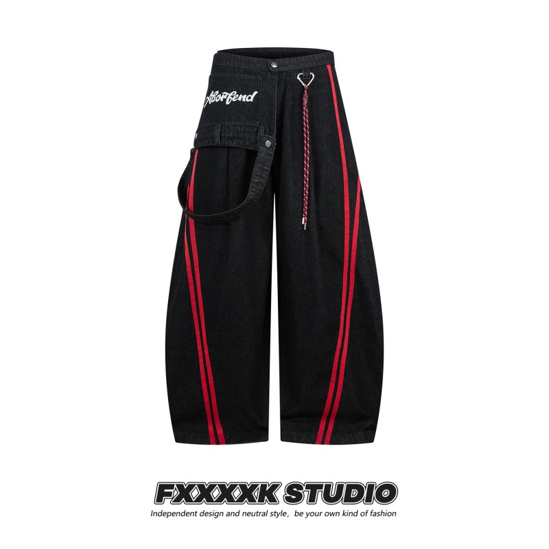 Fxk Original American Retro Black and Red Contrast Color Strappy Suspender Patchwork Embroidered Letter Jeans Scimitar Pants Fxk Original American Retro Black and Red Contrast Color Strappy Suspender Patchwork Embroidered Letter Jeans Scimitar Pants