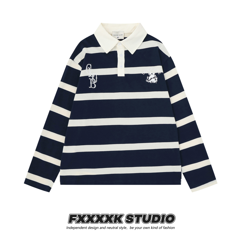 Fxk Original American Football Letter Embroidery Polo Shirt for Men and Women with Wide Stripes and Patch Embroidery, Turn-Down Collar, Long-Sleeve T-Shirt for Autumn