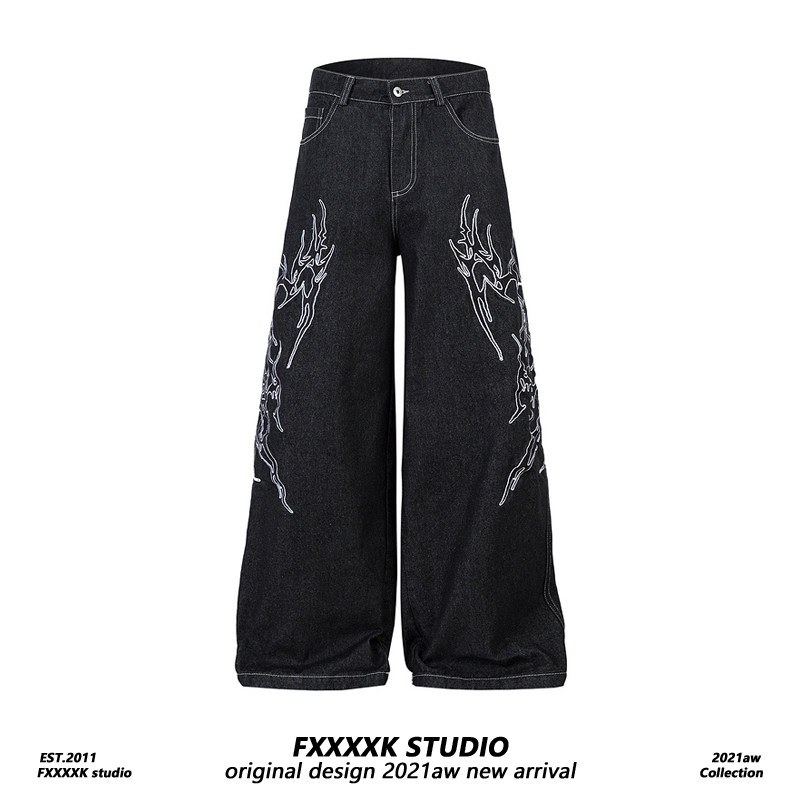 FXK Original Dark Style European and American High Street Vibe Embroidered Thorns Loose Wide-Leg Floor-Length Jeans