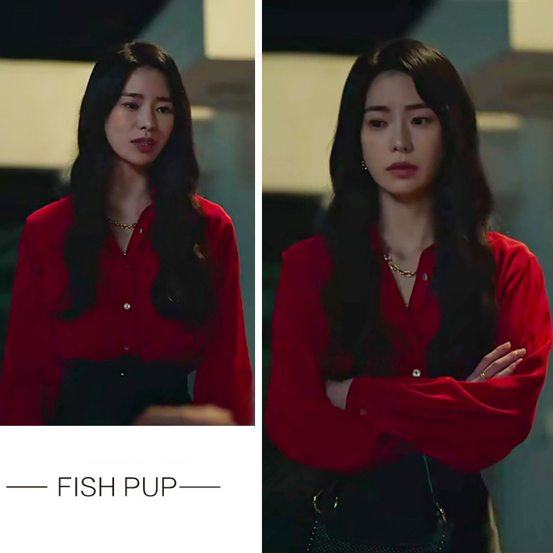 Dark Glory Park Yeon-Jeon's Same Style Red Shirt for Women, High-End Design, Professional Temperament, Chiffon Shirt Top for Summer