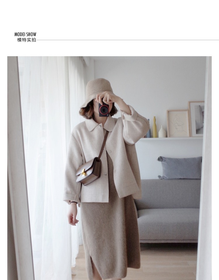 Tuyên truyền mùa thu và mùa đông Hàn Quốc retro cổ áo len len áo khoác ngắn hai mặt cashmere kẻ sọc áo khoác len - Accentuated eo áo áo khoác dạ dài nữ