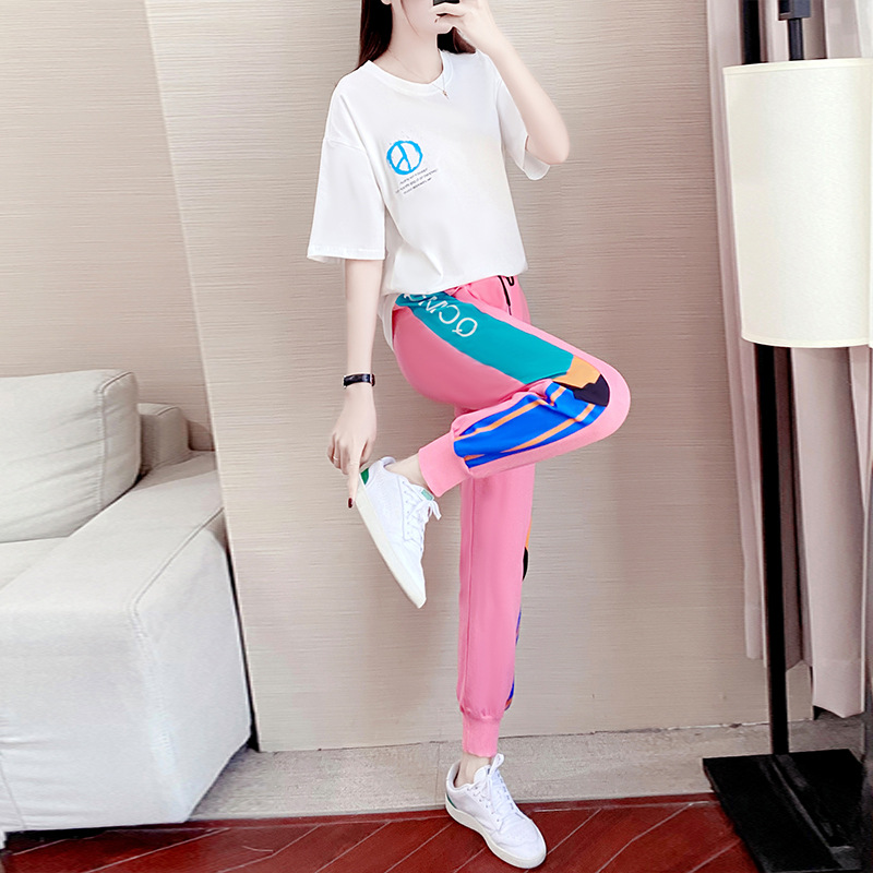 Hong Kong 2021 new sports suit women's summer short sleeve Korean version loose casual long pants two sets of leanthin tide