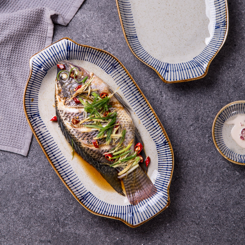 Day Style Ceramic Pan Retro Home Fish Dish Steaming Tray Dish Specialty Dining Room Hotel Hotel Business Plate
