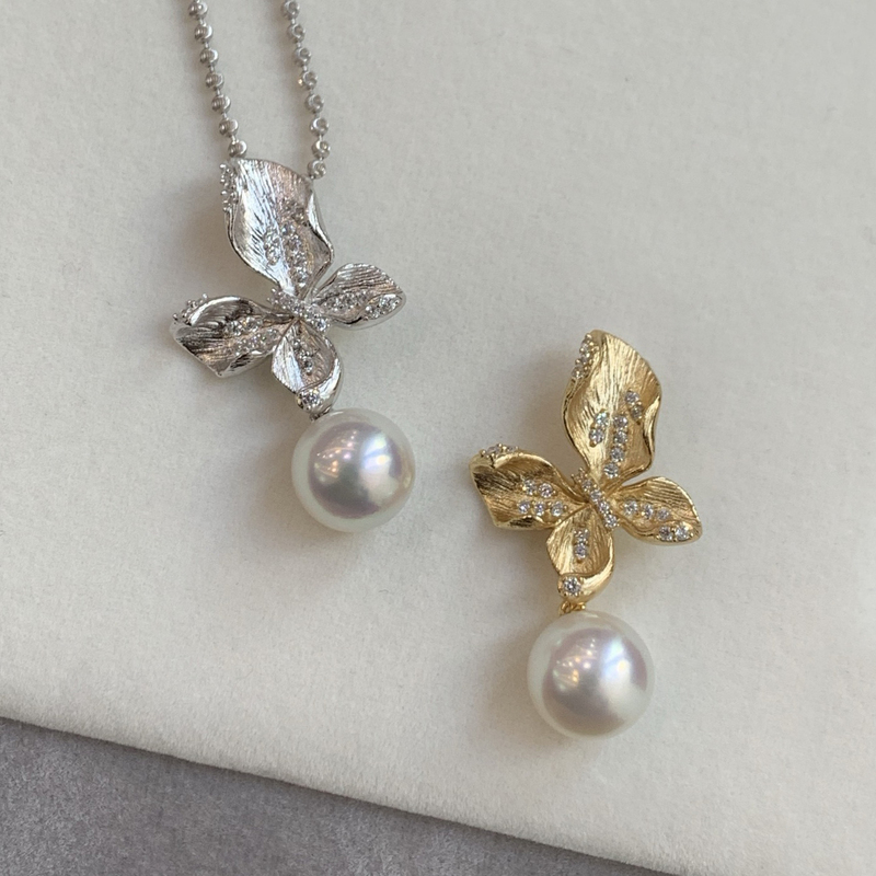 DIY Jewelry Accessories S925 Sterling Silver Frosted Butterfly Design Pearl Pendant Plated with 18K Gold Zircon Silver Pendant Setting