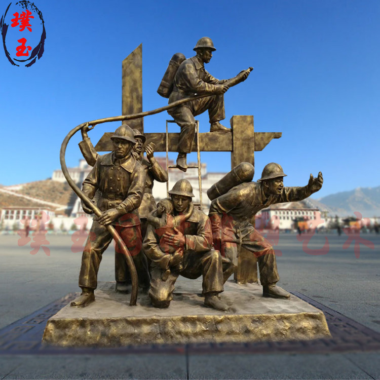 Glass fiber imitation copper character large firefighter sculpture outdoor garden fire theme group carving floor ornaments custom