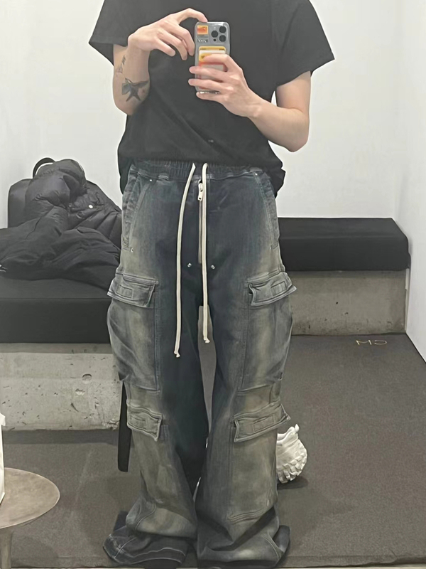 Ro Style Capper Same Style Wide-Leg Washed Blue Jeans Gradient Unisex Work Pants