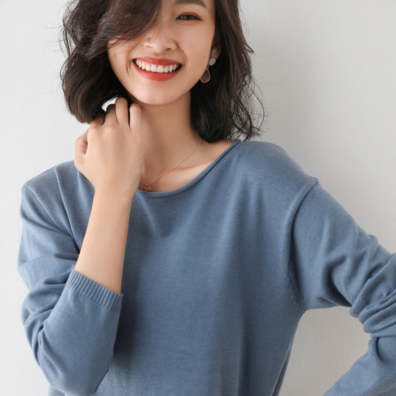 Spring autumn new round neck sweater woman short section 100 lap loose sleeve head large size slim down inner lap long sleeve knit undershirt