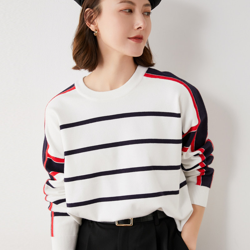 2021 new autumn and winter round collar striped sweater women's sleeve headsets outside wearing loose and lazy wind knit undershirt