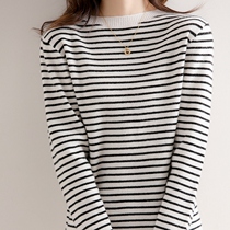 Striped round collar cover head long sleeve needle cardiovert woman short fur coat Korean version easy to 100 hitch base sweatshirt new