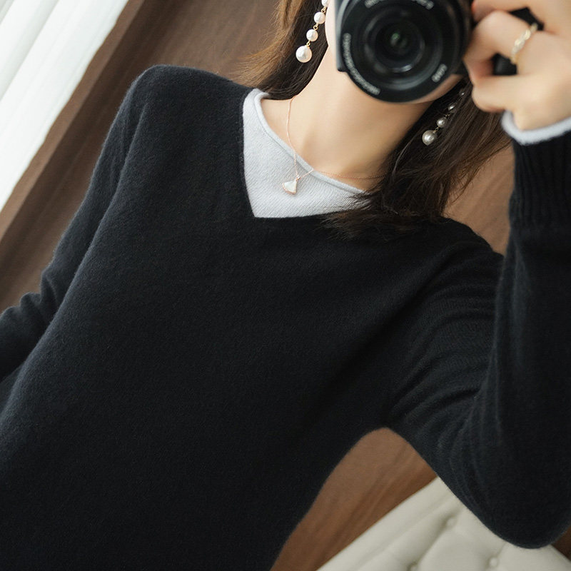 Autumn and winter round collar fake two sweater women outwear 100 hitch loose needle weaselwear short spell long sleeves bottom blouse
