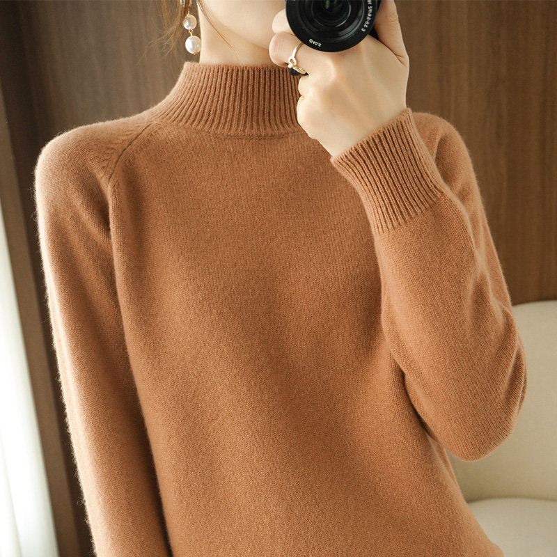 New semi-high collar long sleeve bottom sweater woman short inside lap warm 100 hitch-knitted sweatshirt autumn-winter sweatshirt pure color woman