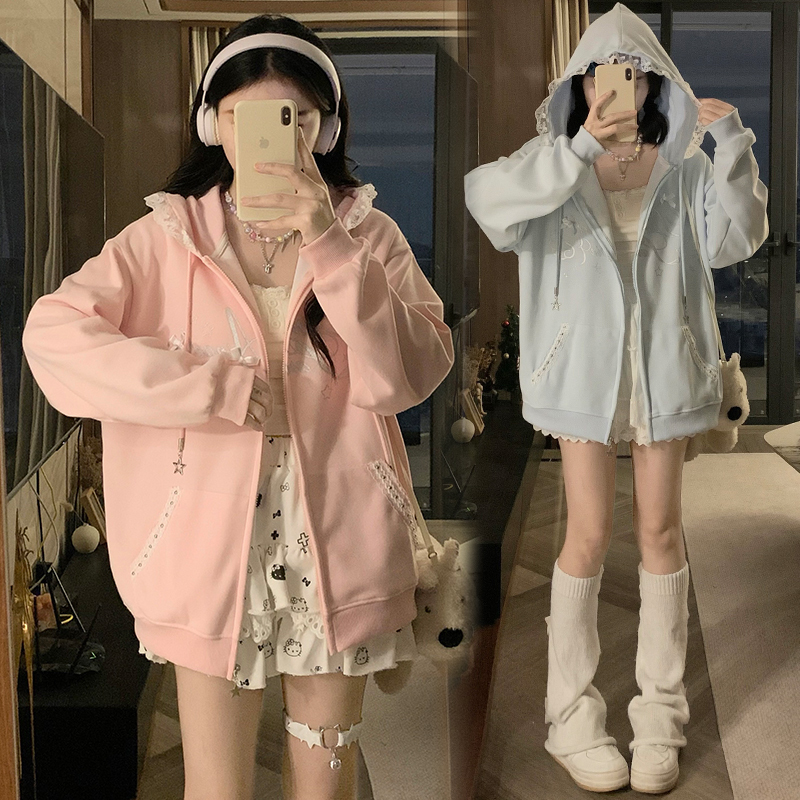 Fresh and Simple Embroidered Blue Cardigan Jacket for Women, Spring and Autumn Thin Style, Loose and Lazy Design, Zip-Up Hooded Sweatshirt, Trendy