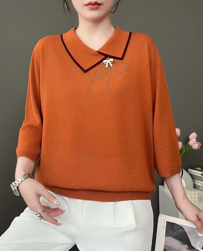037 Pumpkin Color Knitted Sweater for Women, New Fashionable and Versatile Knitted Top for Women