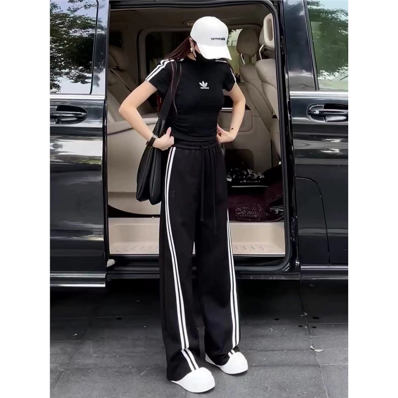 European Casual Suit for Women, Spring and Summer 2026 New Fashion, Large Size, Stylish Side Stripe, Hiking and Running Sports Two-Piece Set