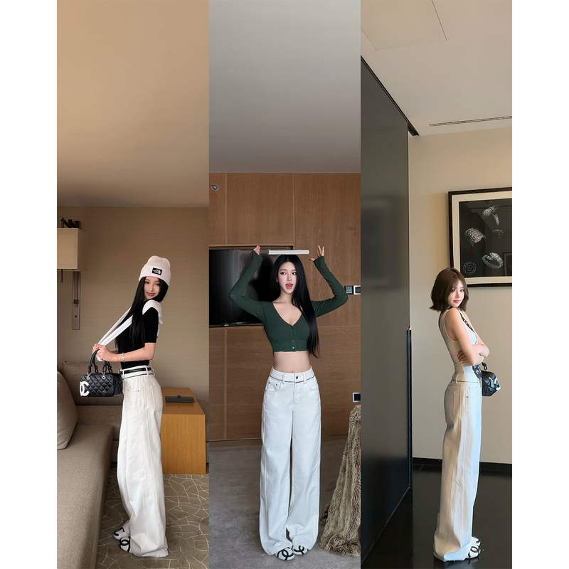 Jayky Yang【White Cow Series】100% Cotton Beaded Patchwork Ribbon Studded Jeans White Straight-Leg Pants