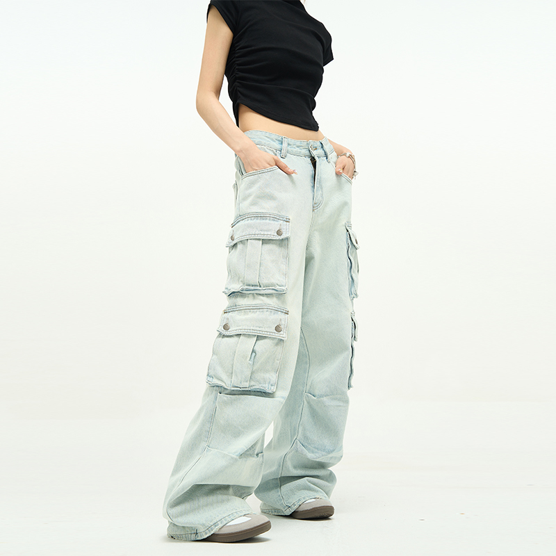 Tailang's Shop American-Style Multi-Pocket Jeans for Men, Niche Retro Blue Wide-Leg Cargo Pants, Couple's European and American Trendy Pants Tailang's Shop American-Style Multi-Pocket Jeans for Men, Niche Retro Blue Wide-Leg Cargo Pants, Couple's European and American Trendy Pants