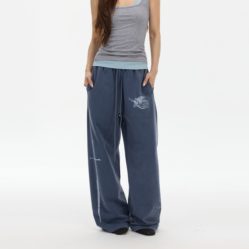 Tailang's Shop American-Style Washed Vintage Street Sports Blue Sweatpants for Men and Women ins Trendy Brand Printed Pants for Couples